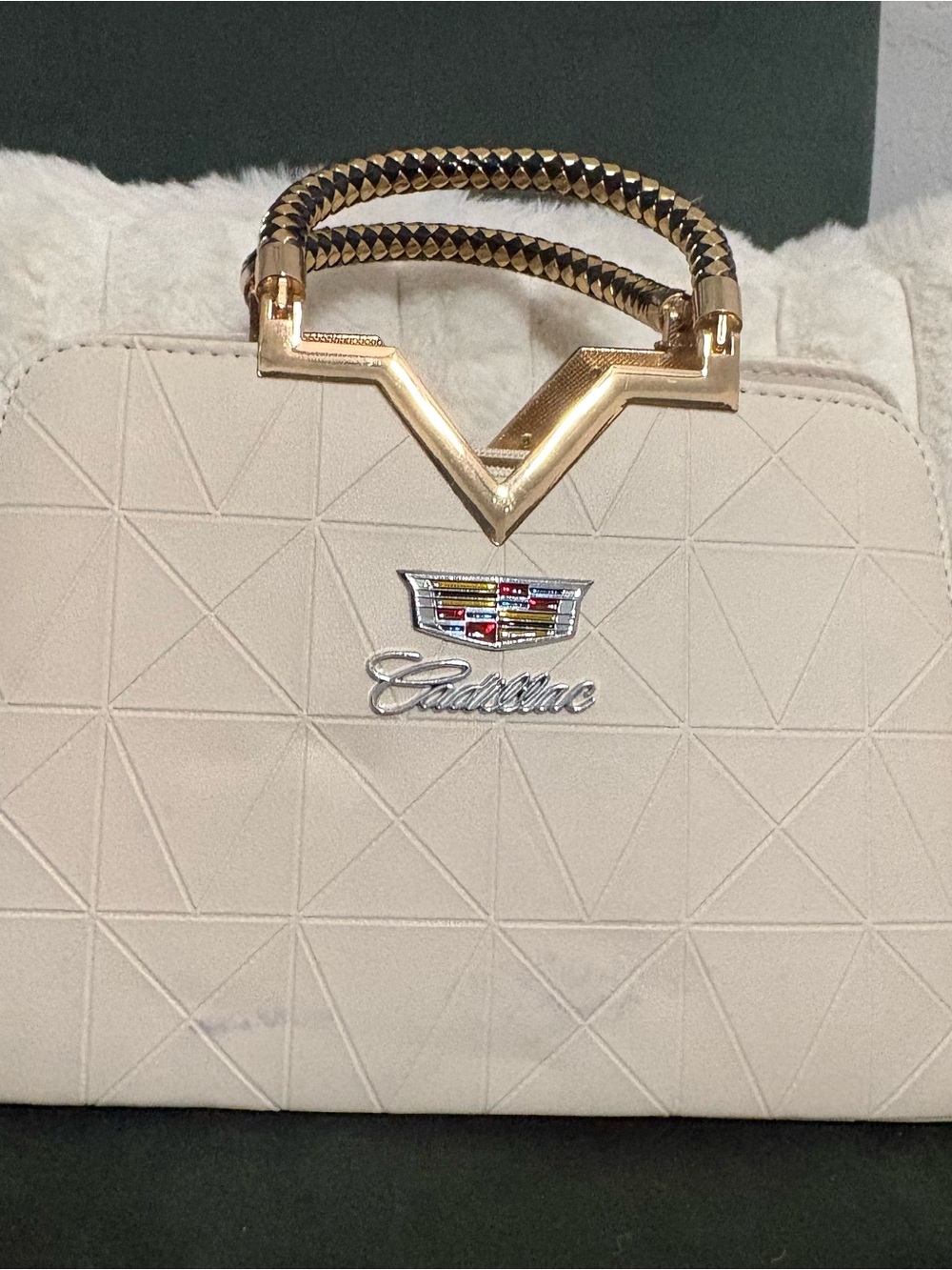 Cadillac Emblem White and Gold Handbag Purse With Charm And Extra Strap